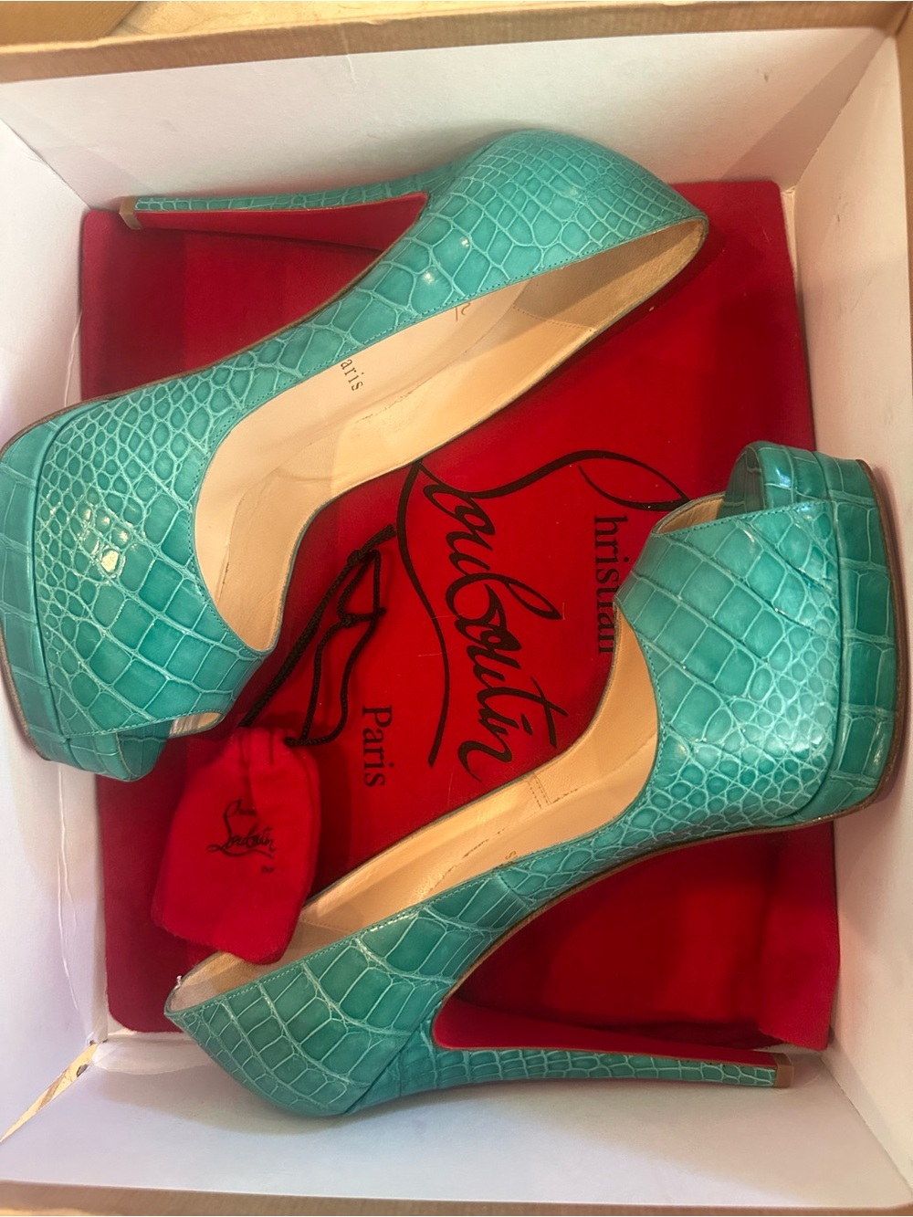 Christian Louboutin Altadama 140 Jade Croc-Embossed Leather Peep-Toe Pumps NIB